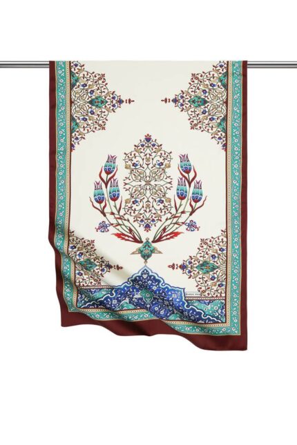 Yeşil Bordo Şamdan Desen Geniş İpeksi Fular