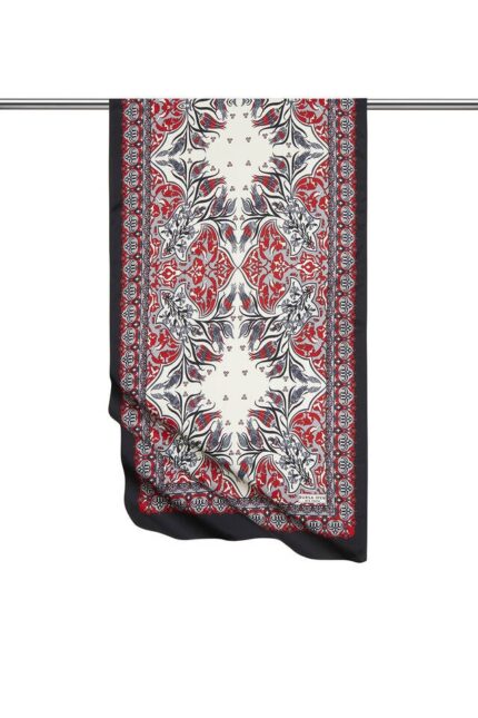 Kırmızı Siyah Çini Lale Desen Dar İpeksi Fular