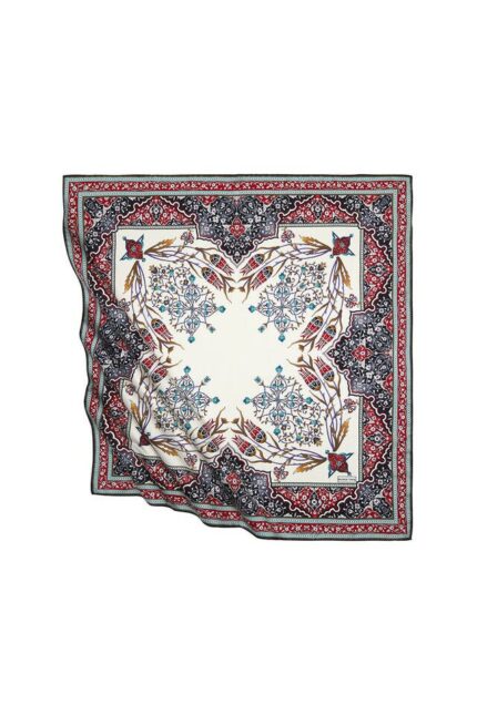 Kırmızı Haki Türk Motifli Şamdan Lale Desen İpeksi Eşarp