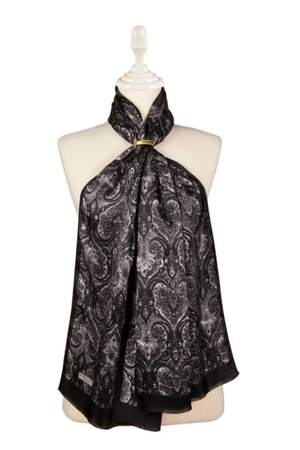 Siyah Damask Desen İpek Fular