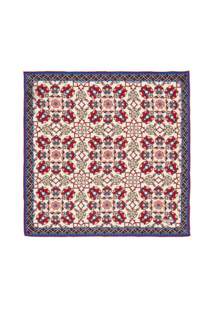 Ekru Kırmızı Motif Desen İpek Mendil