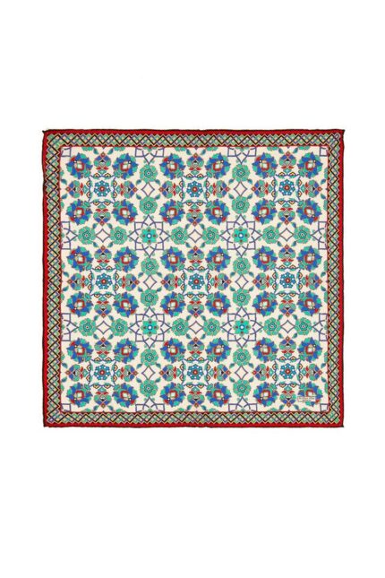 Ekru Turkuaz Motif Desen İpek Mendil