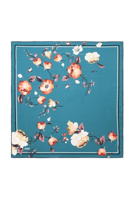 Petrol Yeşil Floral Twill İpek Eşarp