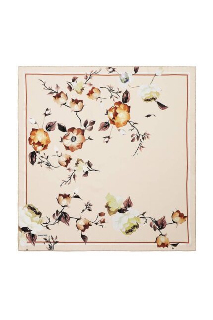 Krem Floral Twill İpek Eşarp