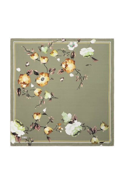 Yeşil Floral Twill İpek Eşarp