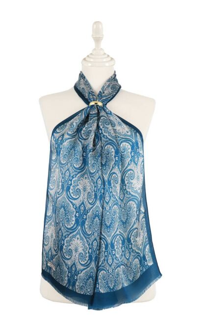 Petrol Mavi Damask Desen İpek Fular