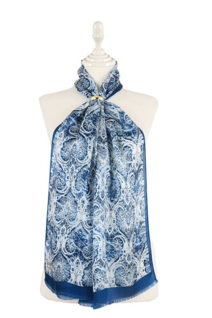 İndigo Damask Desen İpek Fular