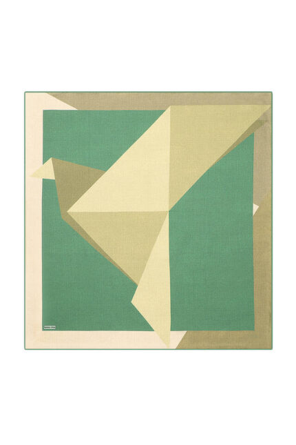 Krem Yeşil Geometrik Desen Twill İpek Eşarp