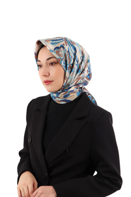 İndigo Flower Desen Twill İpek Eşarp
