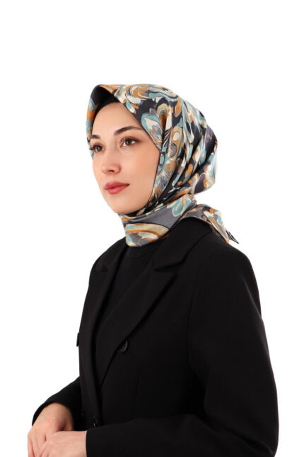 Siyah Flower Desen Twill İpek Eşarp