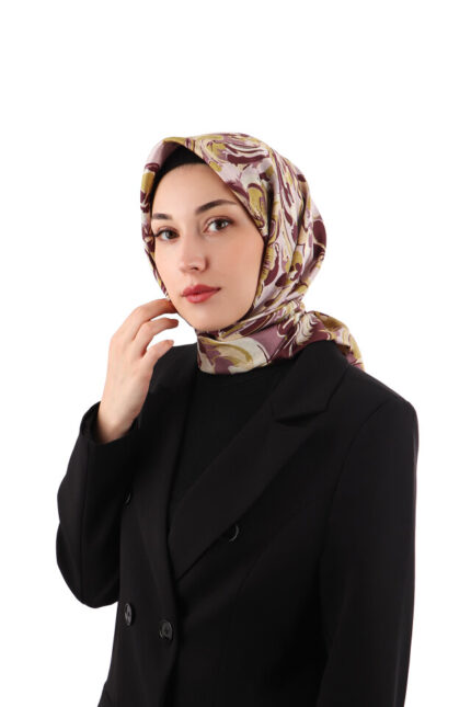 Mürdüm Flower Desen Twill İpek Eşarp