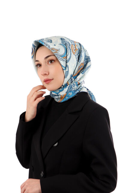 Buz Mavi Şal Desen Twill İpek Eşarp