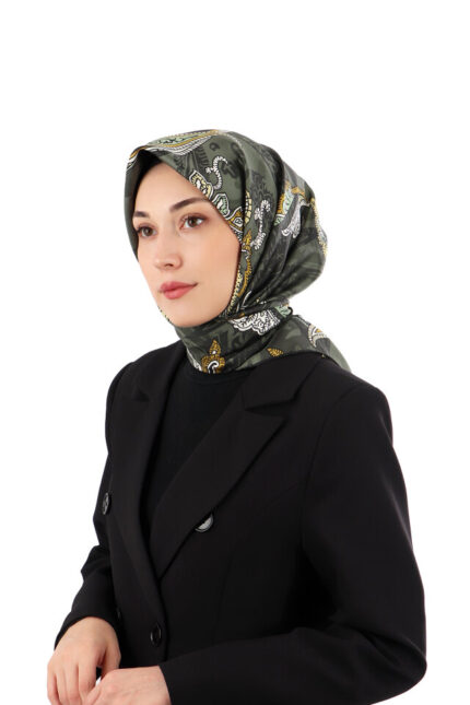 Haki Şal Desen Twill İpek Eşarp