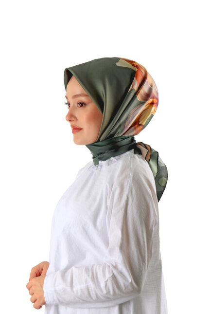 Yeşil Süsen Desen Twill İpek Eşarp